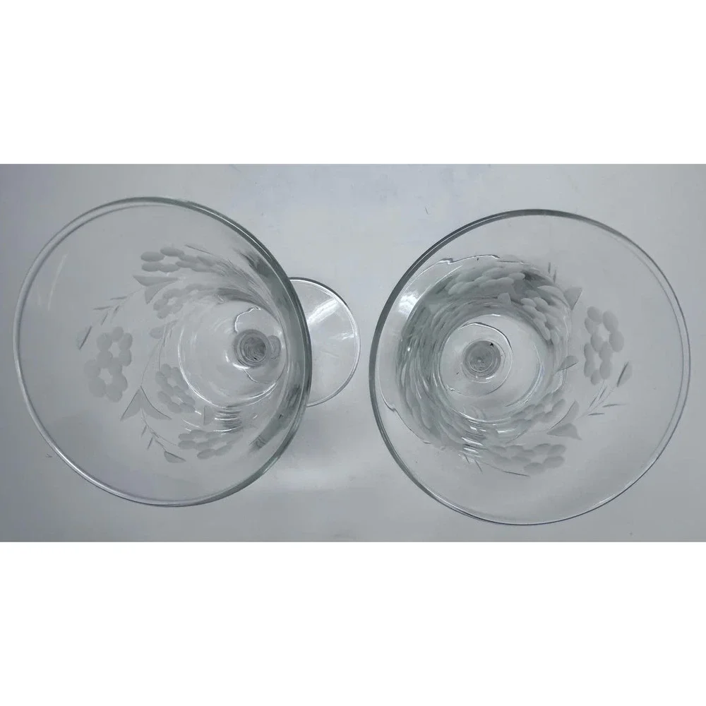 Etched Floral Set‎ of 2 Goblet Stemmed Glasses Cut Stem 8